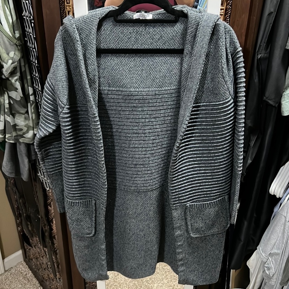 Baciano Cozy Open Front Long Cardigan Jacket Ribbed Gray Multi Sz M
